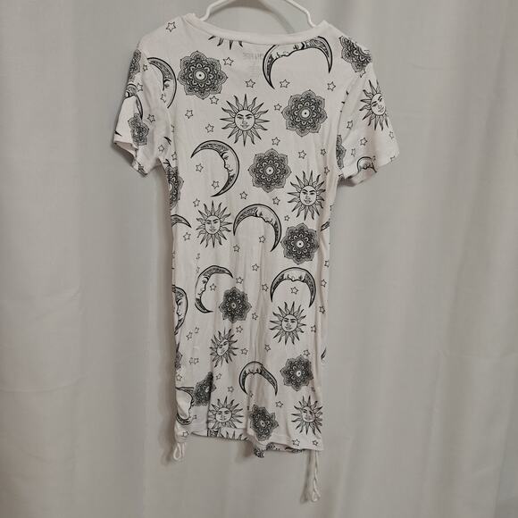 ON Fire Women L White Sun Moon Astrological Print Mesh Shirt Fitted Tunic Dress - Picture 5 of 9